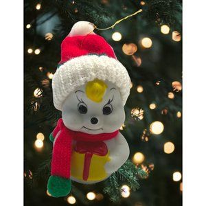 Snowman with Gift Vintage Christmas Tree Ornament Giftco Ceramic Knit Scarf Hat